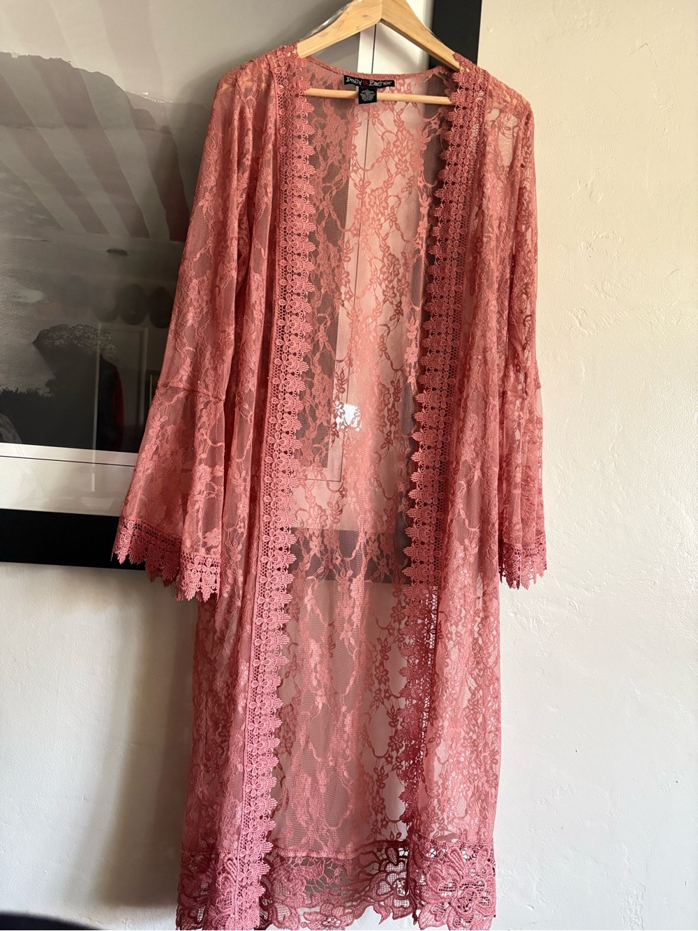 VINTAGE sheer Lace Duster Kimono in Dusty Rose